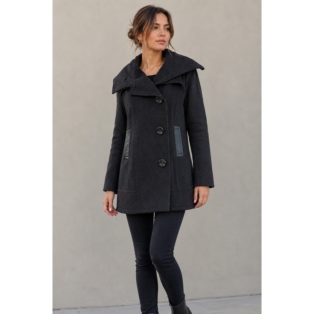 Mackage Charcoal Grey Wool Cashmere Blend Coat Leather Trim Size M